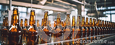 new bottles on conveyor belt in beer factory. Disinfection process and filling bootles Stock Photo