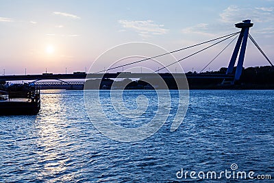 New bridge across Danube river at blue dawn Stock Photo