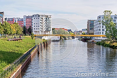 New bridge Golda-Meir-Steg over the Berlin-Spandau shipping canal at Nordhafen harbor in Berlin, Germany Editorial Stock Photo