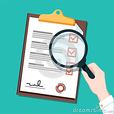New busienss contract and magnifier Checklist flat icon. Document with green ticks checkmarks. Checklist and pen. Vector Illustration
