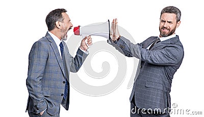 new business announcement. unsatisfied boss shouting at manager isolated on white. too loud. businessman announce a Stock Photo