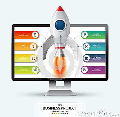 New business project startup concept. Space rocket launch from the computer monitor Cartoon Illustration