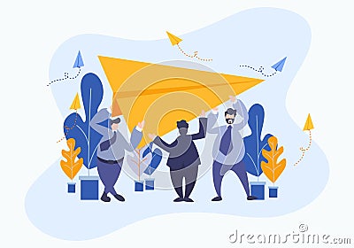 New business start up launching. Business people launching paper plane investor with new startup concept. Workers raising the Vector Illustration