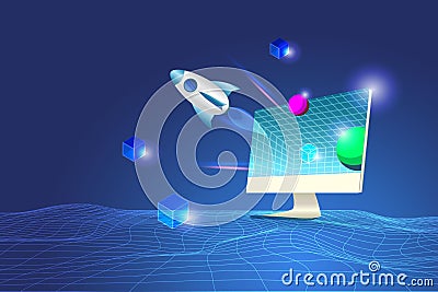 New business startup. 3D Rocket launching from computer with blockchain to futuristic outer space background Vector Illustration