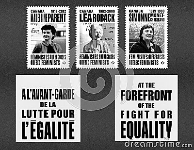 New Canada Post stamp of Simone Monet Chartrand - Lea Roback - Madeleine Parent Quebec feminist Editorial Stock Photo