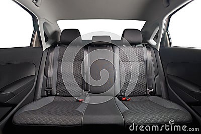 New car inside. Clean car interior. Black back seats in sedan. Stock Photo