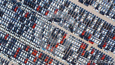 New car lined up in the port for business car import and export logistic, Aerial view Stock Photo