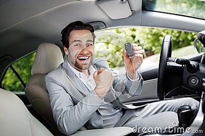 New car, rent transport, buying auto, positive emotions of buyer, good ad and great offer Stock Photo