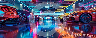 New car store at night, showroom with modern cars, dealership, generated ai Stock Photo