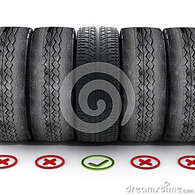 New car tire with green check mark standing out among old tires Stock Photo