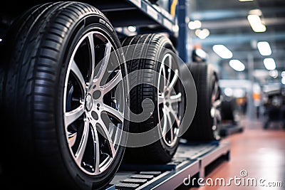 New car wheel and tires on tire storage rack for sale at tyre store. Balck rubber car tire with modern tread at auto repair Stock Photo