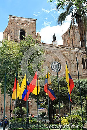 New Cathedral with national and local flags in Cuenca, Ecuador Editorial Stock Photo