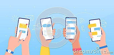 Notification message concept SMS bubble on the screen People chatting concept People holding a phone receive and send a Vector Illustration