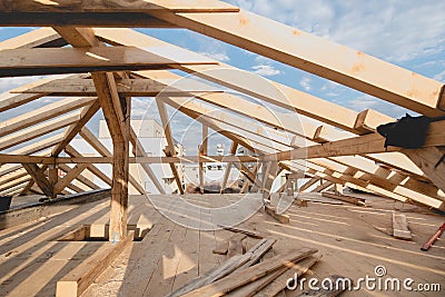 New construction details - framing installing the roof truss system Stock Photo