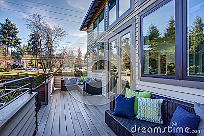 New construction home exterior boasts luxury deck Stock Photo