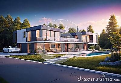 New country house with photovoltaic system on the roof, Modern eco-friendly clean house Cartoon Illustration