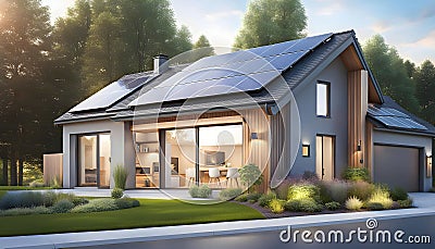 New country house with photovoltaic system on the roof, Modern eco-friendly clean house Cartoon Illustration