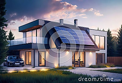 New country house with photovoltaic system on the roof, Modern eco-friendly clean house Cartoon Illustration