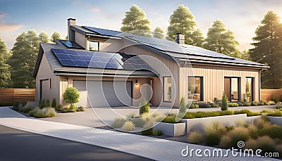 New country house with photovoltaic system on the roof, Modern eco-friendly clean house Cartoon Illustration