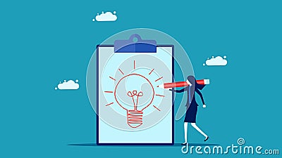 New creativity. Business woman draws a bright light bulb. Vector Illustration