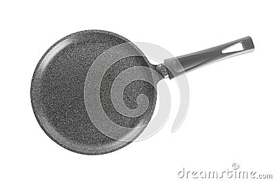New crepe frying pan isolated on white. Cooking utensil Stock Photo