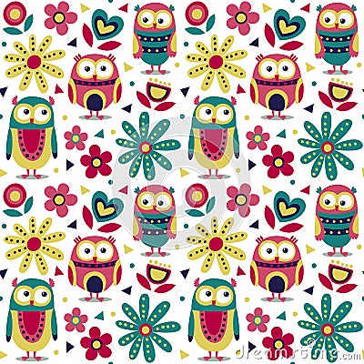 New cute animal seamless pattern made with owls, flowers, nature, plants, leaves, triangles, circles Vector Illustration