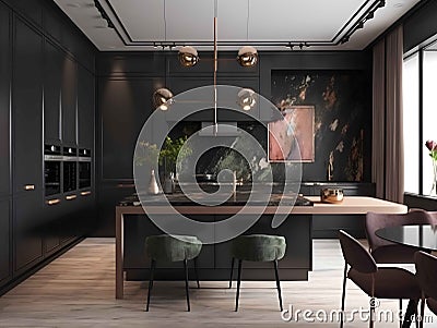 New dark stylish kitchen interior design with decorative ceiling Stock Photo