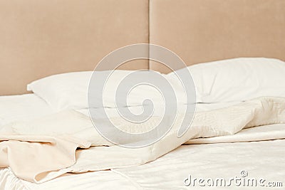 New day beginning morning routine empty messy bed Stock Photo