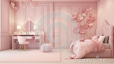New decor of stylish pink girls room. Pink little princess room with desk and chair. generative ai Stock Photo