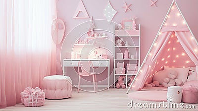 New decor of stylish pink girls room. Pink little princess room with desk and chair. generative ai Stock Photo