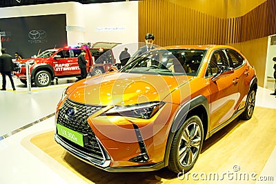 New Delhi - February 1, 2024: Lexus UX 300e car is on display at Bharat Mobility Global Expo 2024 at New Delhi in India Editorial Stock Photo