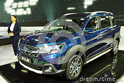 New Delhi - February 1, 2024: Maruti Suzuki XL6 car is on display at Bharat Mobility Global Expo 2024 at New Delhi in India Editorial Stock Photo