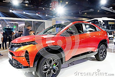 New Delhi - February 1, 2024: Tata Motors Curvv car is on display at Bharat Mobility Global Expo 2024 at New Delhi in India Editorial Stock Photo