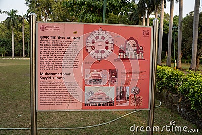 New Delhi, India - November 16, 2019: Sign explaining the historical significance of Muhammad Shah Sayyid Tomb in Lodi Garden Editorial Stock Photo
