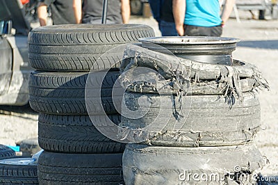 New and destroyed tires and burnt tire tread on car drifting Editorial Stock Photo