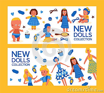 New dolls collection set of banners vector illustration. Childhood baby toys with female accessories. Comb, scrunchies Vector Illustration