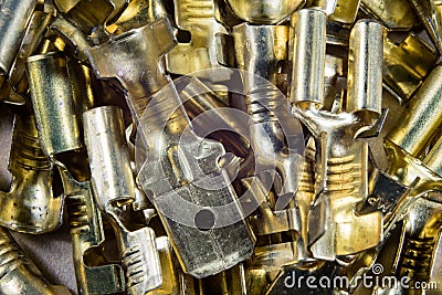 New electrical connectors. Accessories for electrical installations on a wooden workshop table. Stock Photo