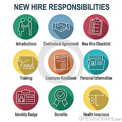 New Employee Hiring Process icon set w checklist, handshake, t Vector Illustration