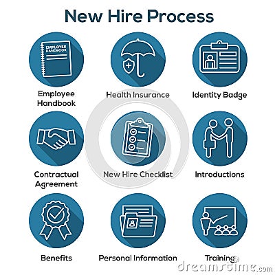 New Employee Hiring Process icon set w checklist, handshake, t Vector Illustration