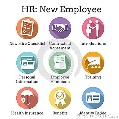 New Employee Hiring Process icon set w checklist, handshake, t Vector Illustration