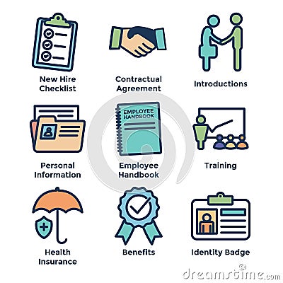 New Employee Hiring Process icon set w checklist, handshake, t Vector Illustration