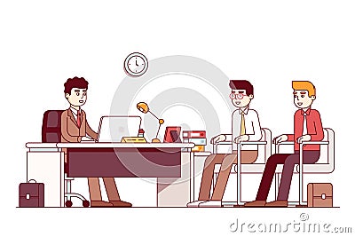 New employees and boss sitting in office room Vector Illustration