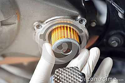 New Engine oil filter change Stock Photo