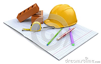 New engineering plan, Ñonstruction helmet, stationery items and Cartoon Illustration