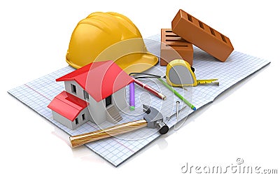 New engineering plan, small house, Ñonstruction helmet, station Stock Photo