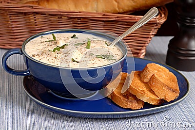 New England Chowder in a blue bowl Stock Photo