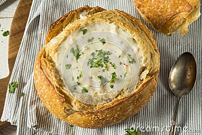 New England Chowder in a Bread Bowl Stock Photo