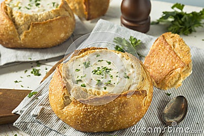 New England Chowder in a Bread Bowl Stock Photo