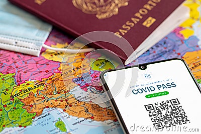 New European Union Covid Pass with QR code. Covid or Coronavirus vaccine certificate or passport Editorial Stock Photo