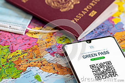 New European Union Green Pass with QR code. Covid or Coronavirus vaccine certificate or passport Editorial Stock Photo